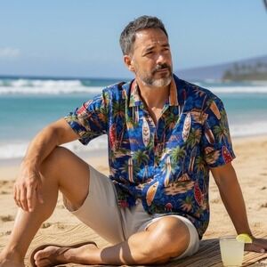 Aloha Republic Mens Hawaiian Shirt Blue Surfboard Palm Tree Made‎ in Hawaii L